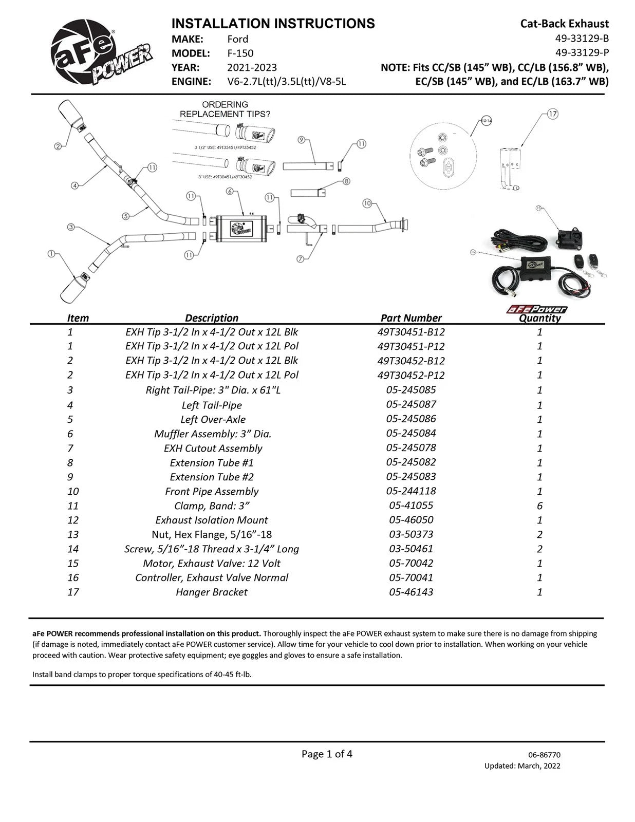aFe Gemini XV 3in 304 SS Cat-Back Exhaust 2021 Ford F-150 V6 2.7L/3.5L (tt)/V8 5.0L w/ CO Black Tips