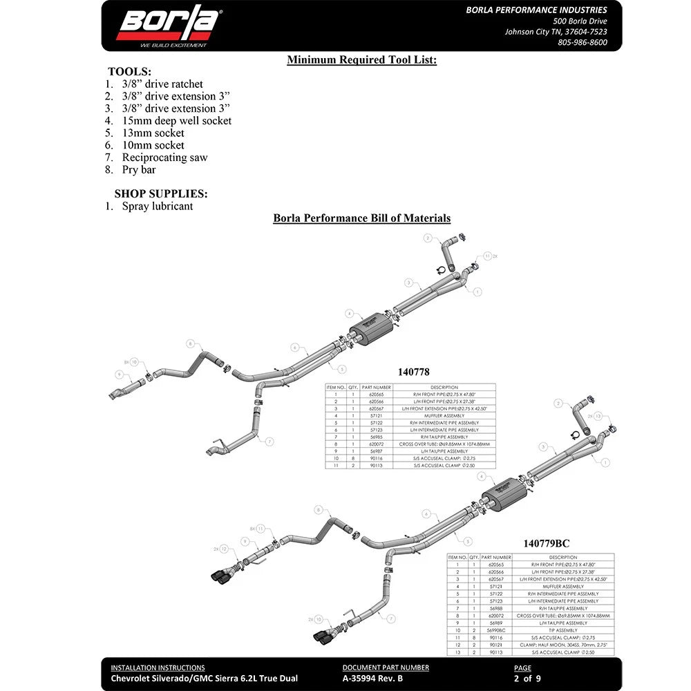 Borla 2019 Chevrolet Silverado / GMC Sierra 1500 S Type Catback Exhaust - 2.75in Pipe Diameter