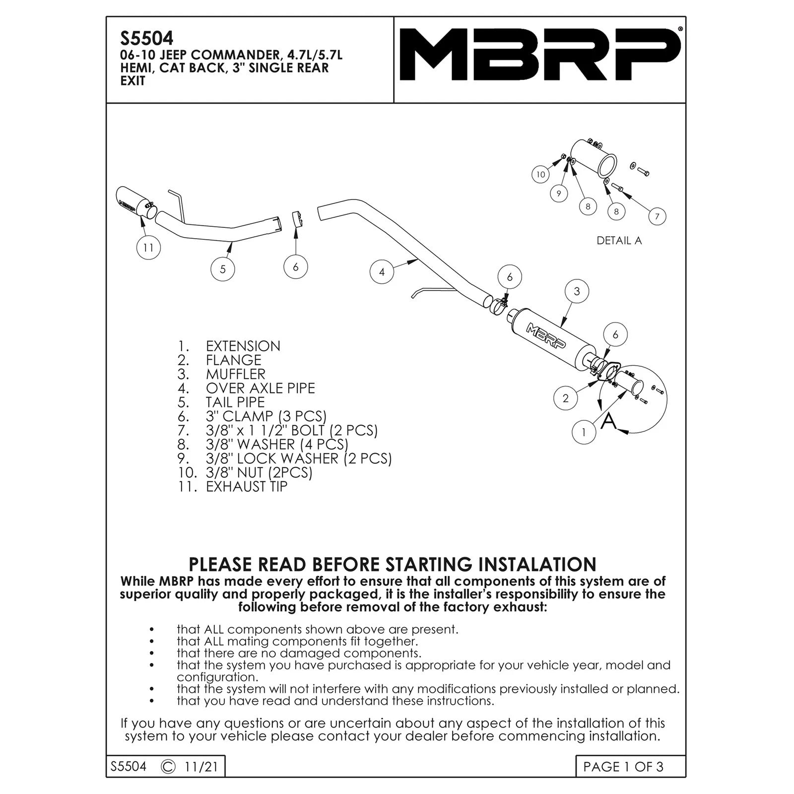 MBRP 2006-2008 Jeep Commander 4.7L 5.7L Hemi Cat Back Single