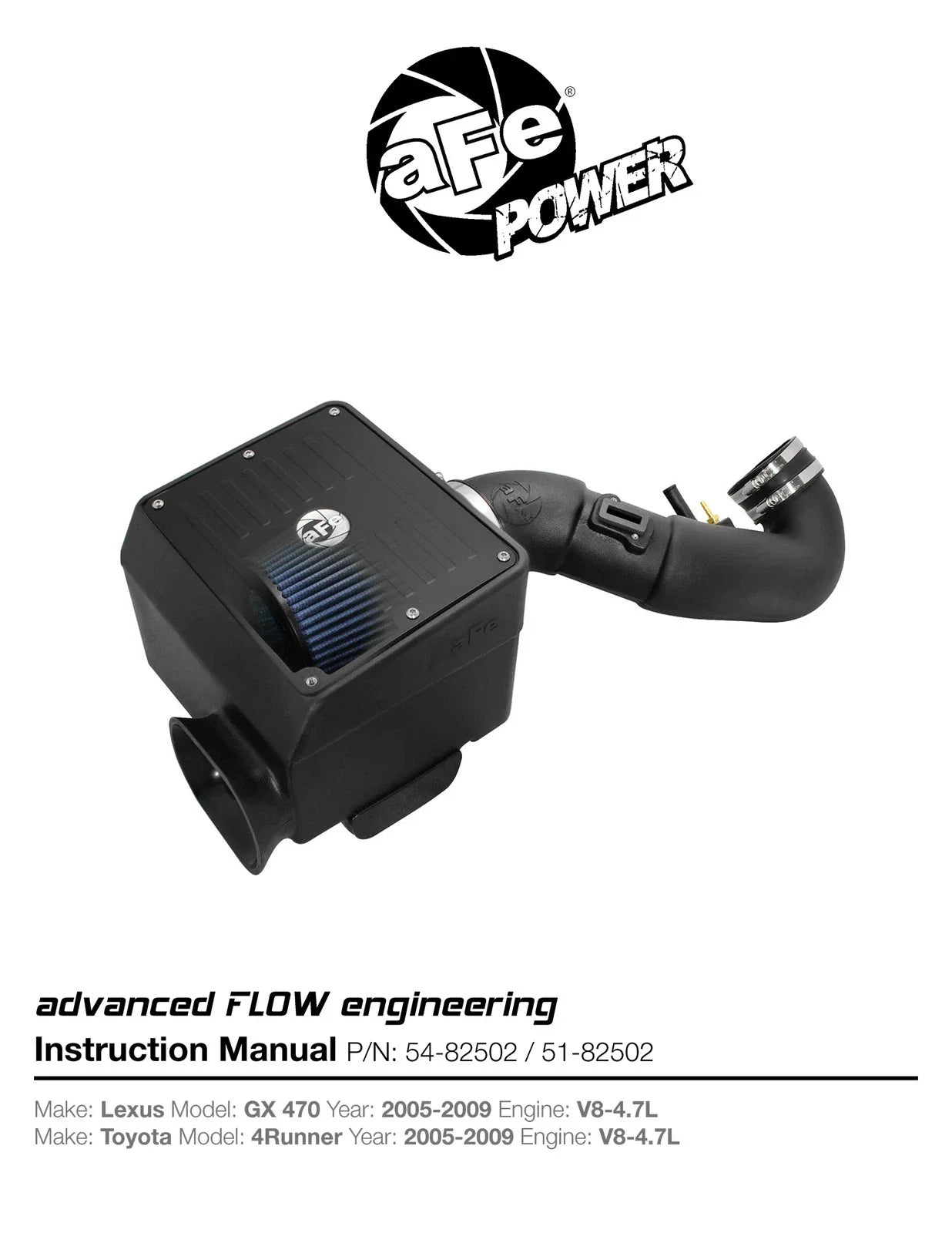aFe MagnumFORCE Intake Stage-2 Si Pro DRY S 05-09 Lexus GX 470/Toyota 4Runner V8 4.7L *RACE ONLY*