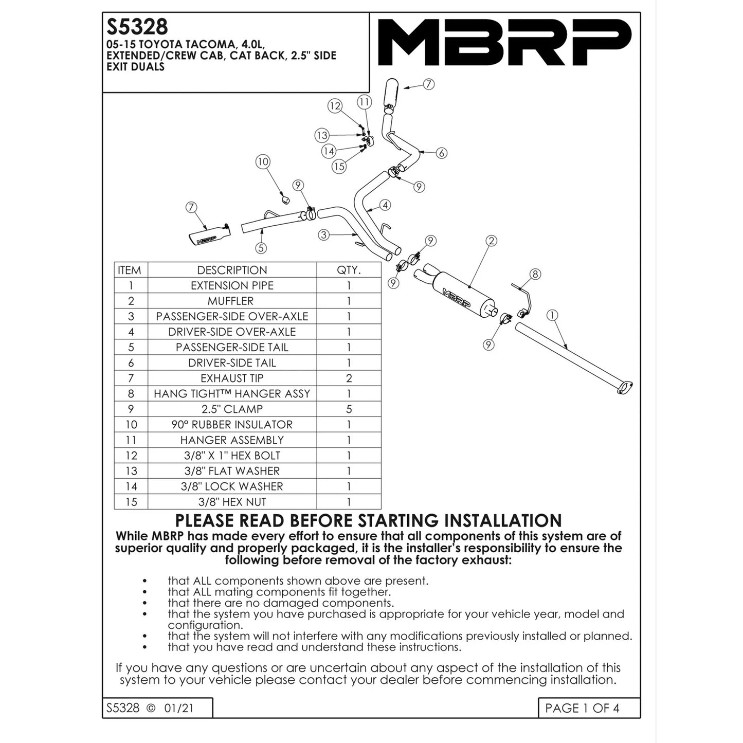 MBRP 05-13 Toyota Tacoma 4.0L EC/CC AL Dual Split Side Cat Back Exhaust