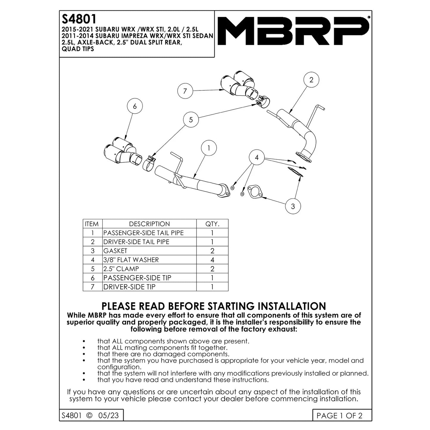 MBRP 15-19 Subaru WRX 2.0L/STI 2.5L 2.5in Dual Split Rear Exit w/ 3.5in CF Tips - T304