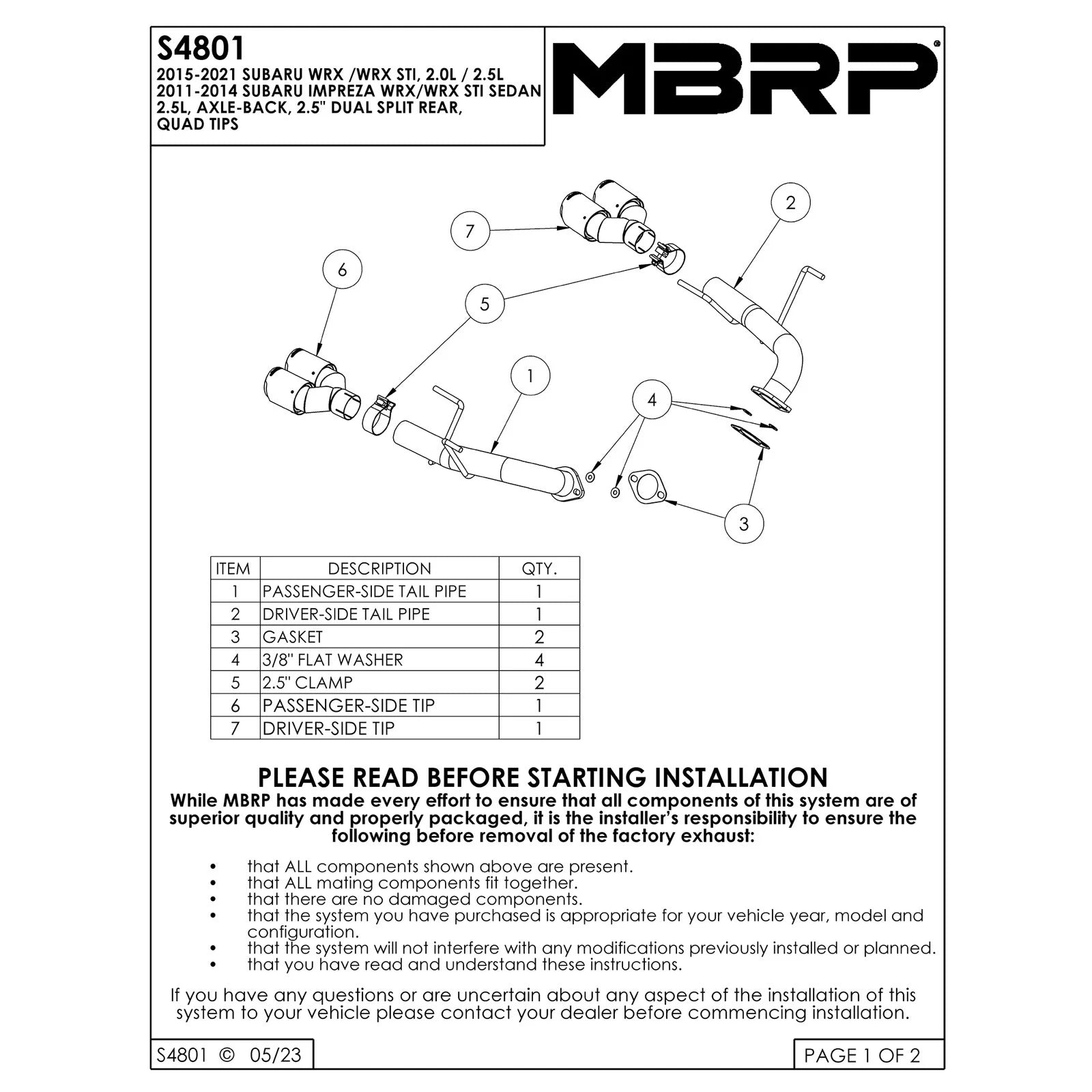 MBRP 15-19 Subaru WRX 2.0L/STI 2.5L 2.5in Dual Split Rear Exit w/ 3.5in CF Tips - T304