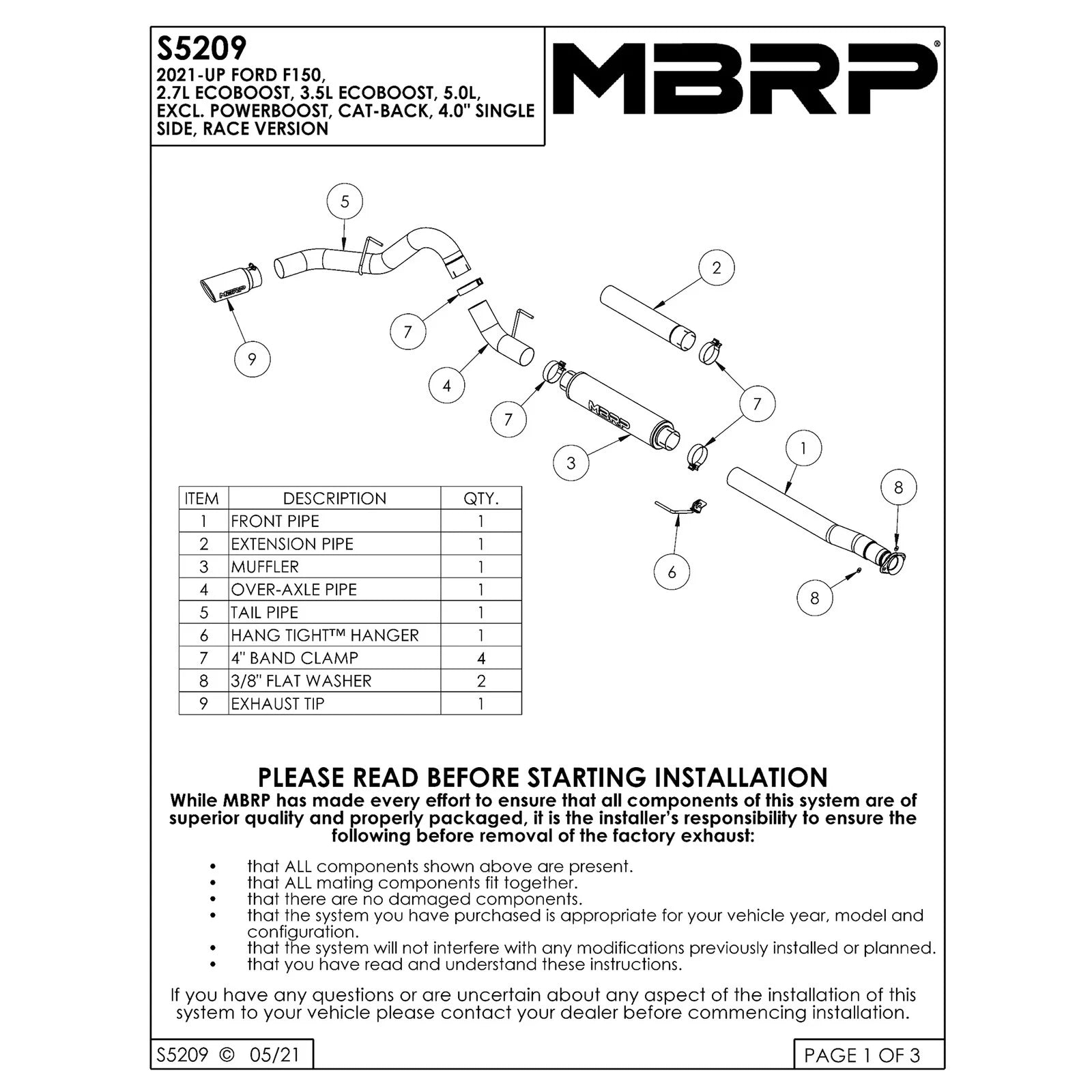 MBRP 2021+ Ford F150 2.7L/3.5L/5.0L 4in T409 Stainless Steel Cat-Back - RACE VERSION
