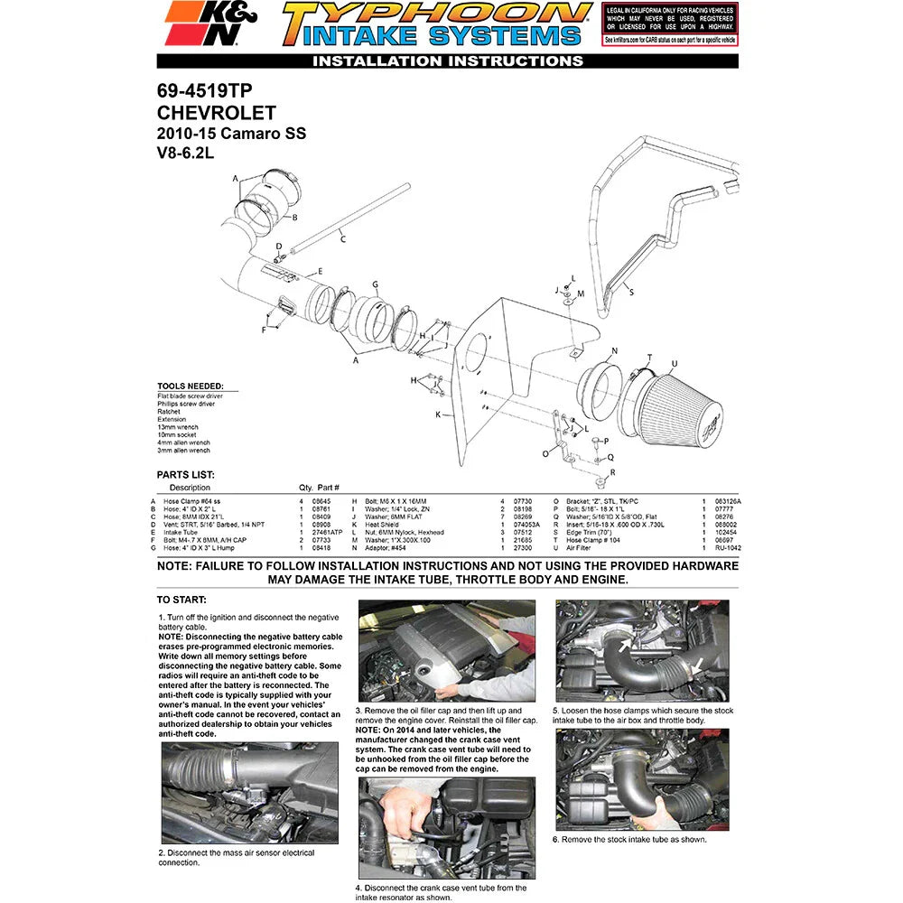 K&N 10 Camaro 6.2L V8 Polished Typhoon Short Ram Intake