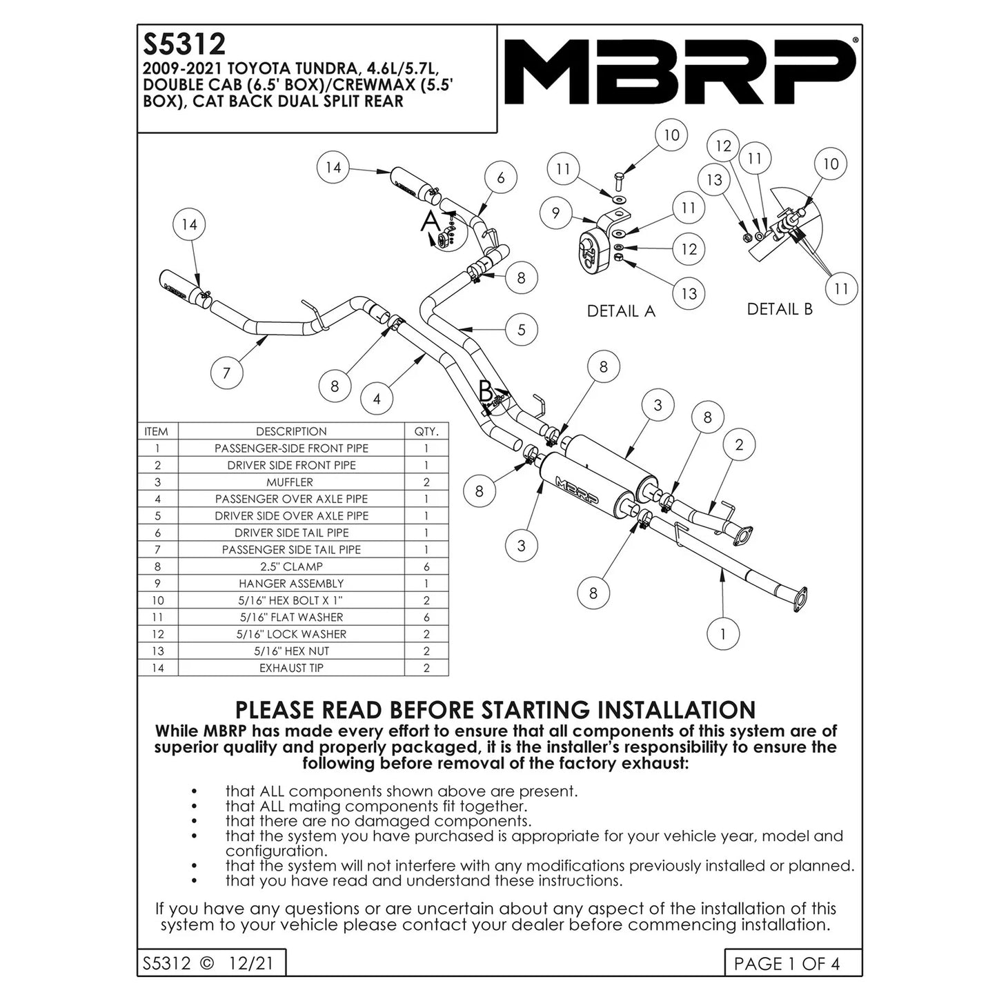 MBRP 2009-2010 Toyota Tundra 5.7L EC-Std. & SB/CC-SB Cat Back Dual Split Rear