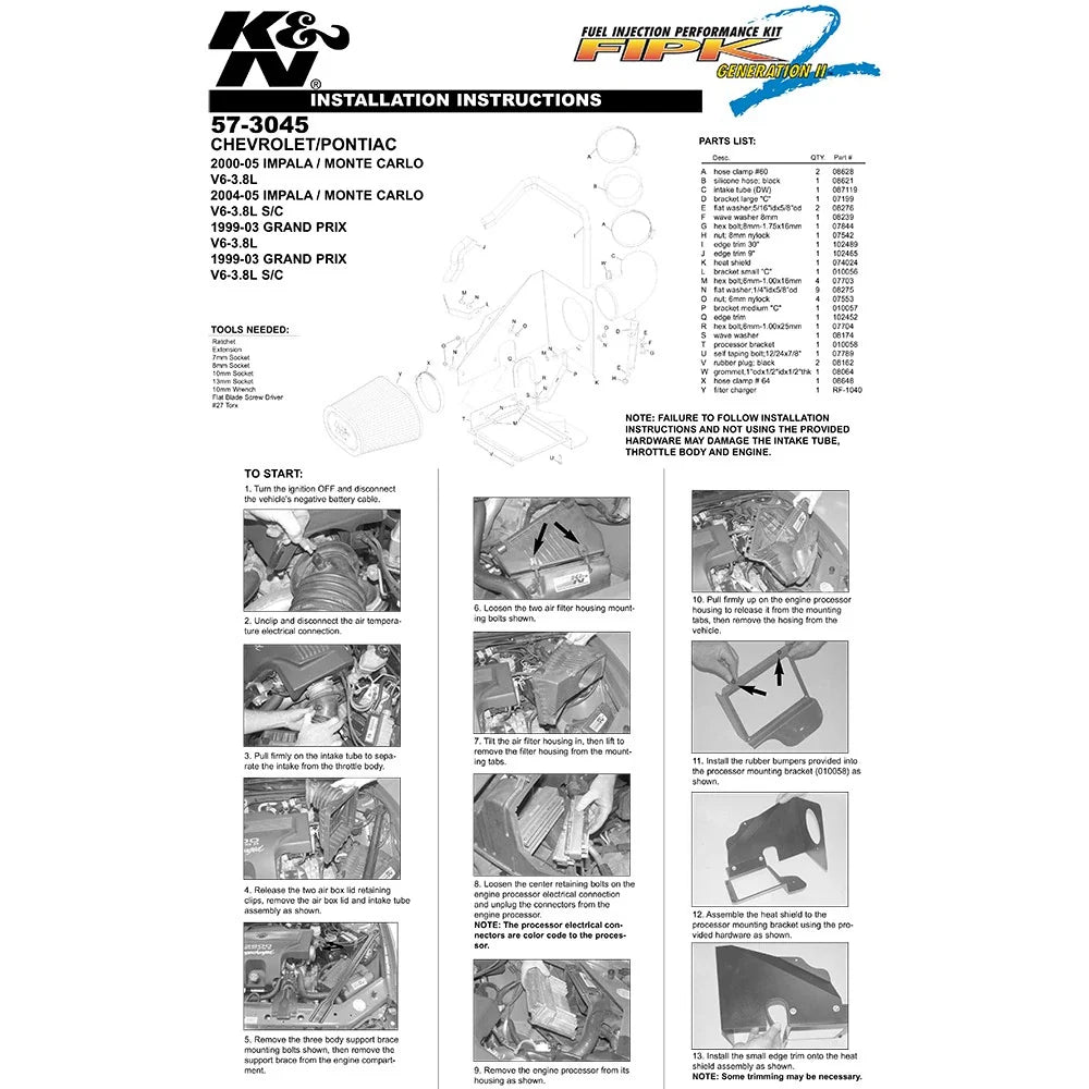 K&N 99-04 Chevy Impala / Pontiac Grand Prix V6-3.8L Performance Intake Kit