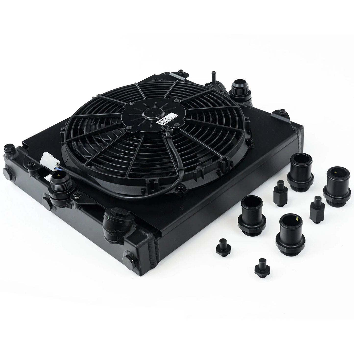 CSF Universal Half Radiator w/-16AN & Slip-On Fittings/12in SPAL Fan & Shroud - Black Finish