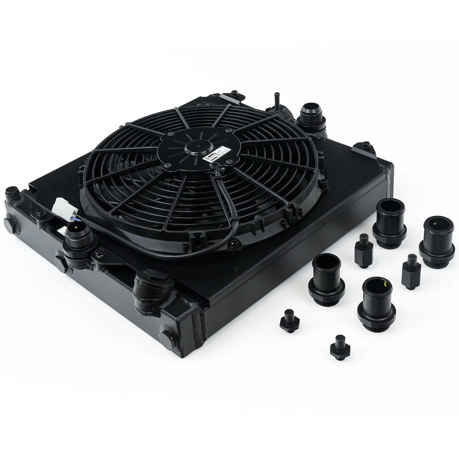 CSF Universal Half Radiator w/-16AN & Slip-On Fittings/12in SPAL Fan & Shroud - Black Finish