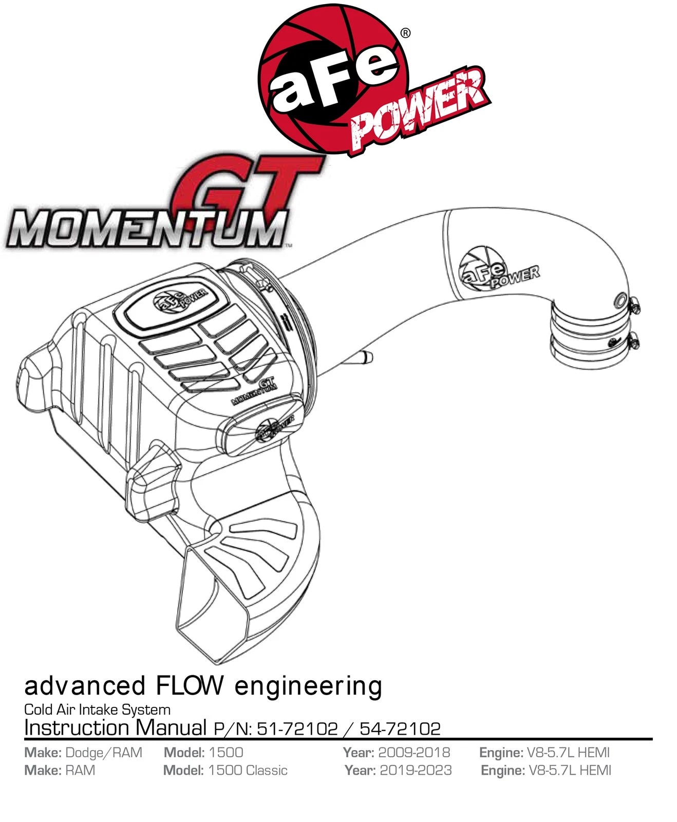 aFe Momentum GT PRO 5R Stage-2 Si Intake System Dodge Ram Trucks 09-14 V8 5.7L HEMI