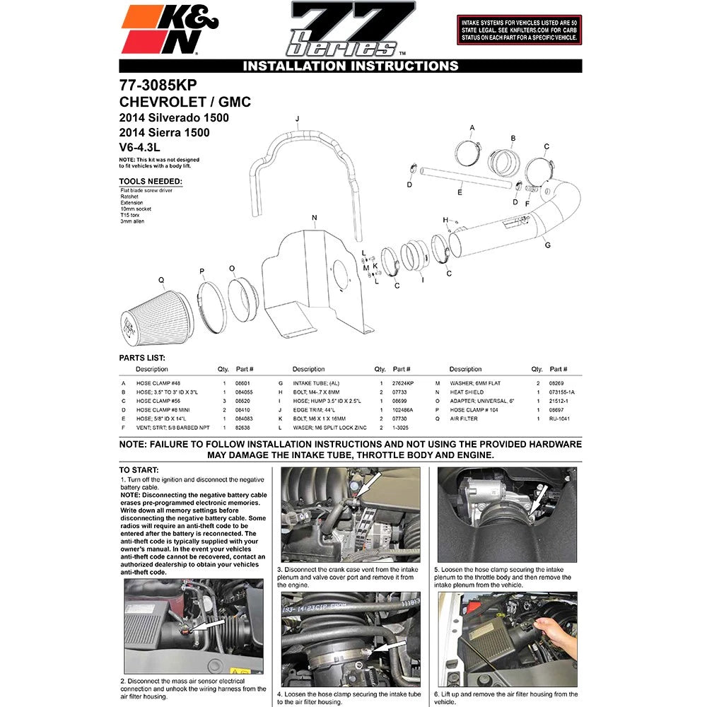 K&N 77 Series Performance Intake Kit for 2014 Chevrolet Silverado/GMC Sierra 1500 4.3L V6