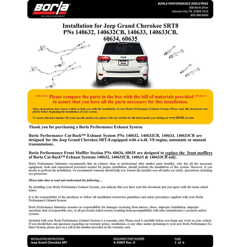 Borla 2015 Jeep Grand Cherokee SRT8 S-Type Dual Round Rolled Exit Catback Exhaust