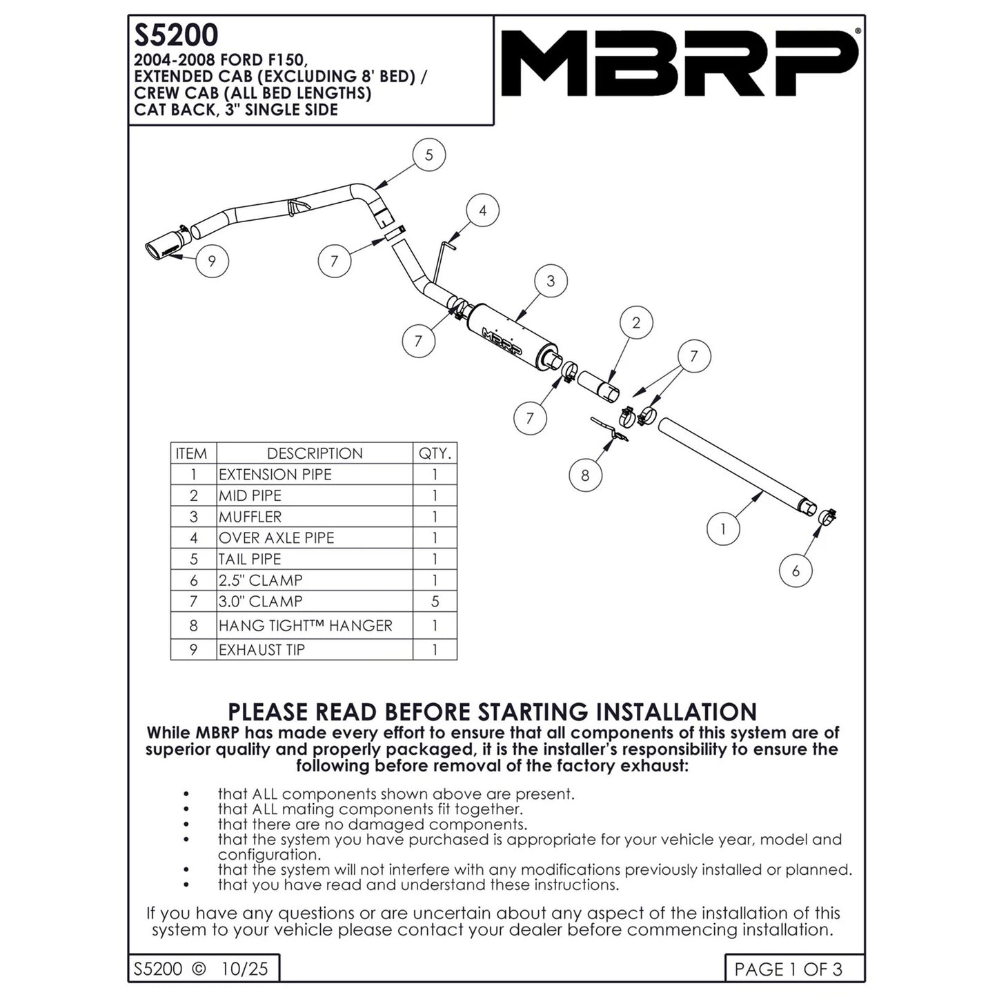 MBRP 2004-2008 Ford F150 EC/CC-SB 3in Cat Back Single Side AL P Series Exhaust