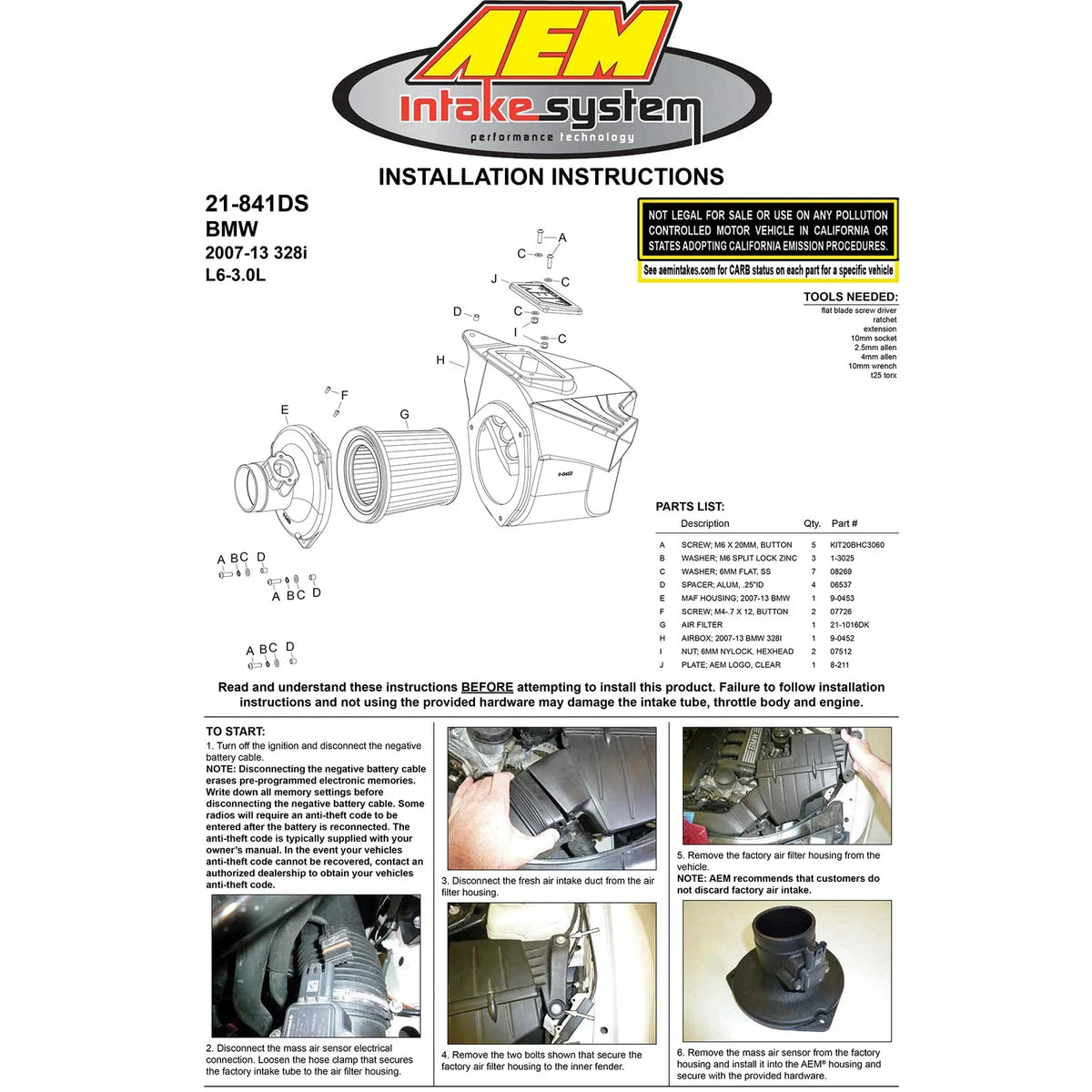 AEM 07-13 BMW 328i L6-3.0L F/I Cold Air Intake