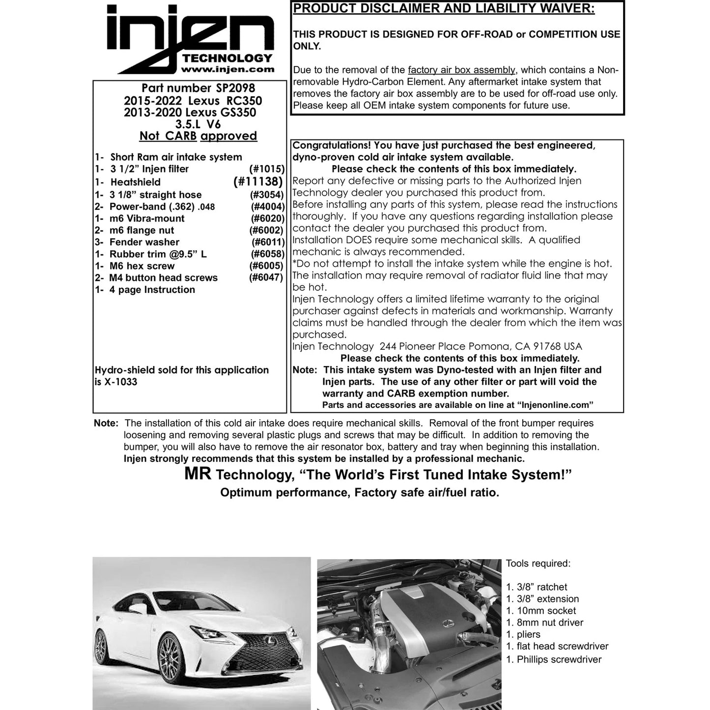 Injen 15-20 Lexus RC350 3.5L V6 Black Cold Air Intake