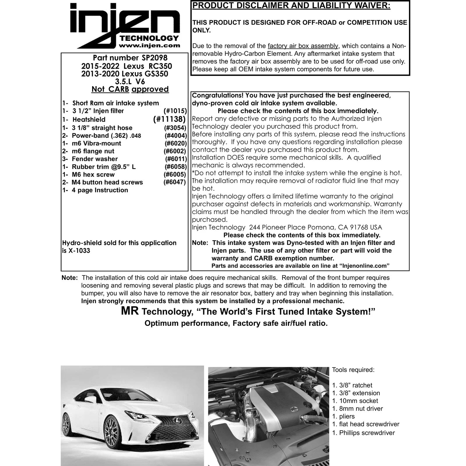 Injen 15-20 Lexus RC350 3.5L V6 Black Cold Air Intake