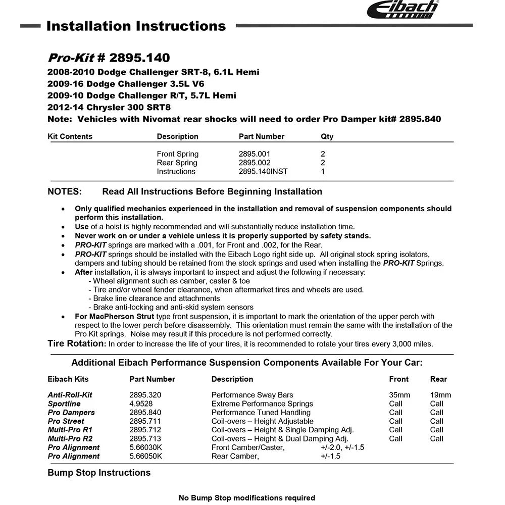 Eibach Pro-Kit for 11-12 Dodge Challenger SE/LC 3.6L V6