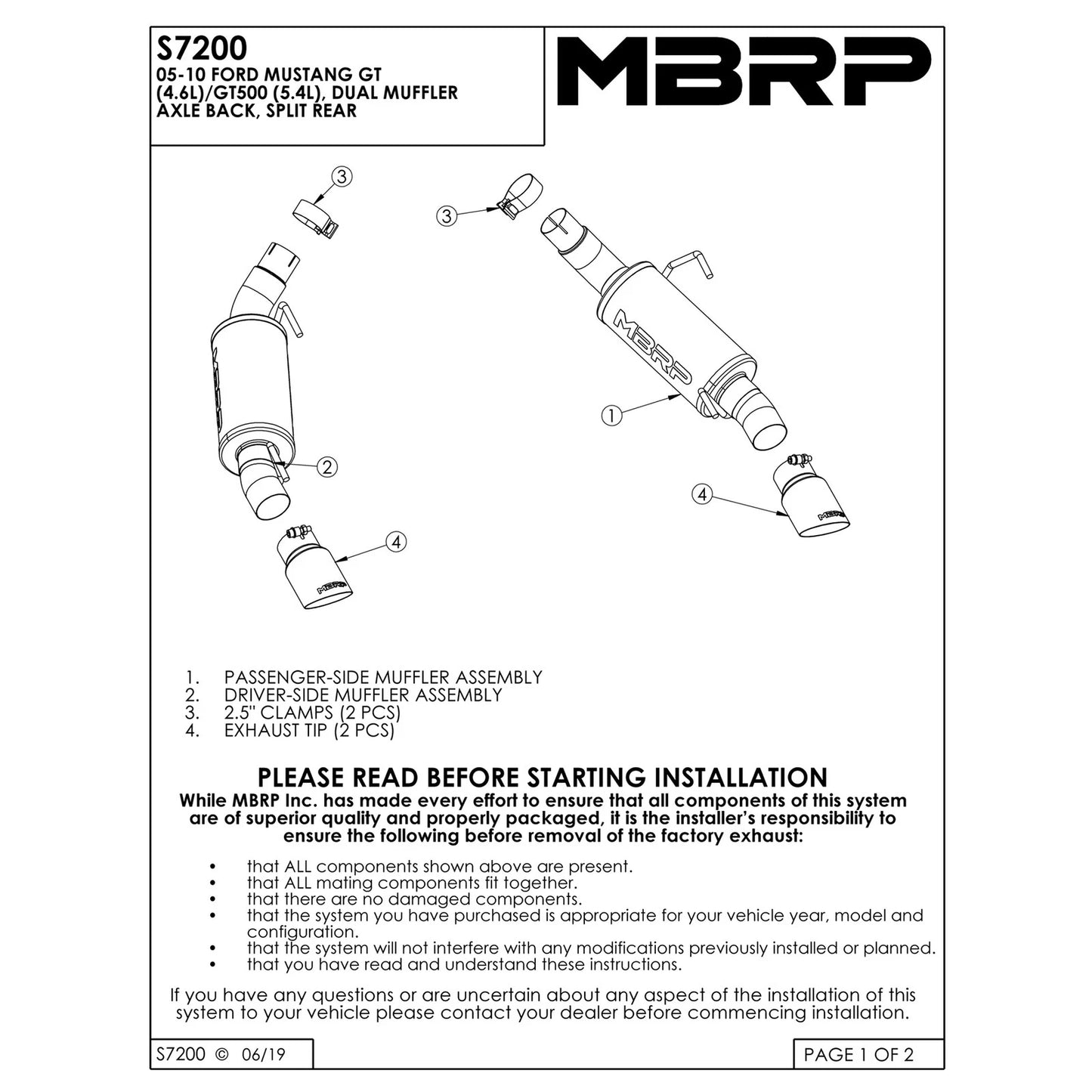 MBRP 05-10 Ford Mustang GT 5.0/Shelby GT500 Dual Mufflers Axle Back Split Rear T304