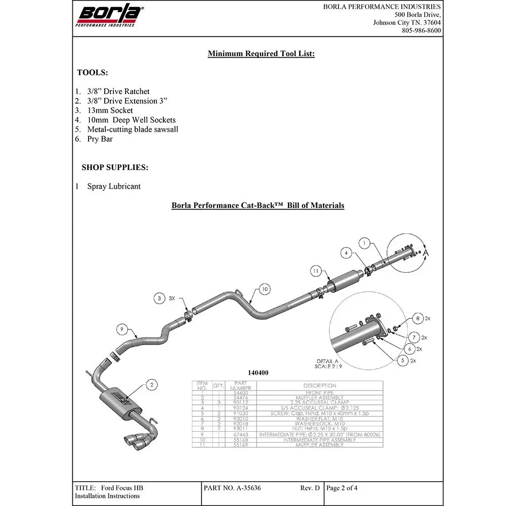 Borla 12-16 Ford Focus SE Hatchback w/o Sport Package 2.0L 4cyl SS Catback Exhaust