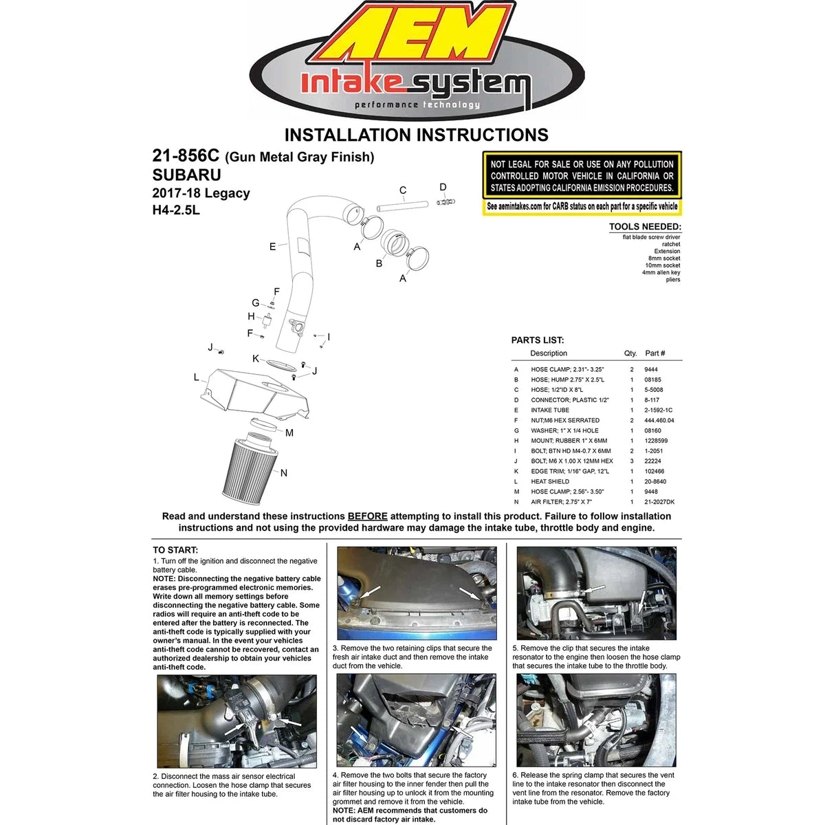 AEM C.A.S. 17-18 Subaru Legacy H4-2.5L F/I Cold Air Intake