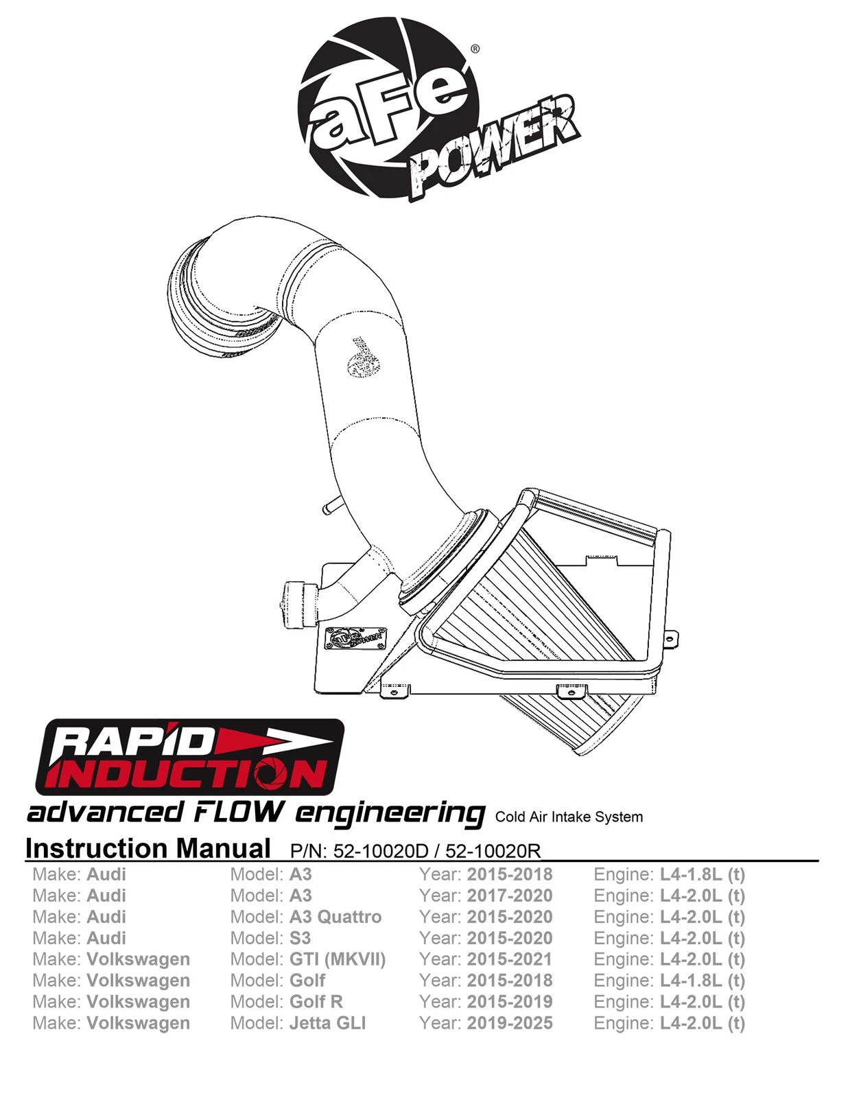 aFe 15-21 VW GTI L4 2.0L Rapid Induction Cold Air Intake System w/ Pro 5R Filter