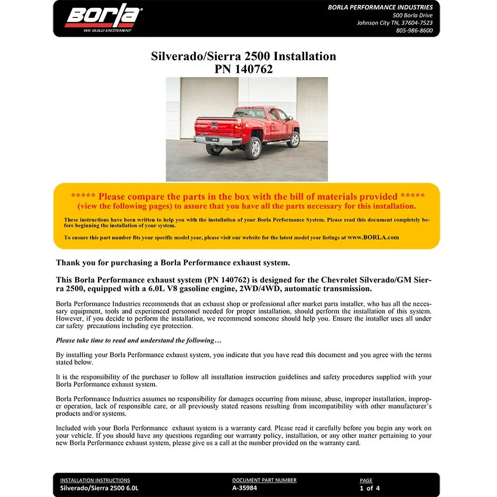 Borla 15-19 Chevy Silverado 2500 6.0L CC/STD Bed/153.7in WB S-Type Catback Exhaust
