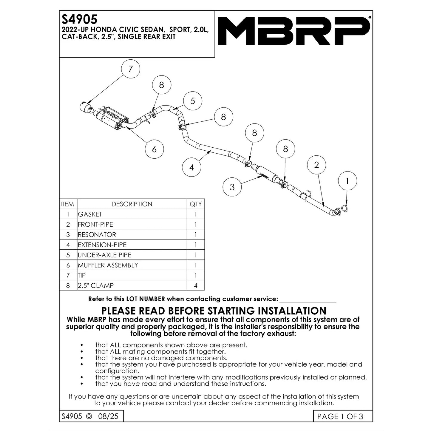 MBRP 22-26 Honda Civic Sport 3in OD Cat Back Single Rear Exit - AL