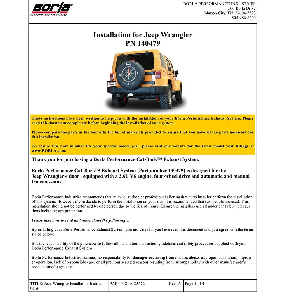 Borla 12-16 Jeep Wrangler V6 4WD Dirt Sport Cat-Back 2.5in Single Square Rolled Angle Cut Rear