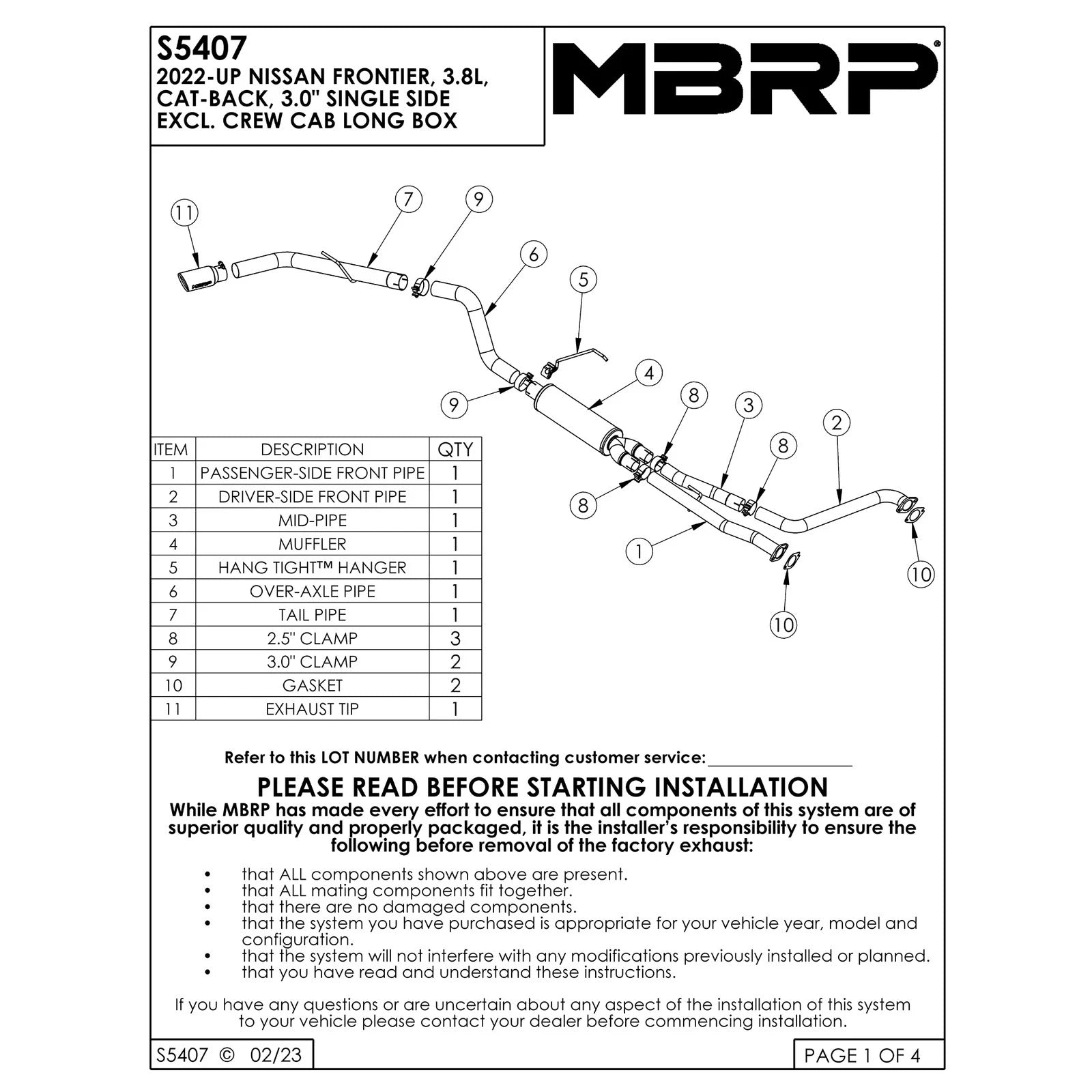MBRP 22-23 Nissan Frontier 3.8L 3in Tip 3in Cat Back Single Side Exit Street Profile - Aluminized