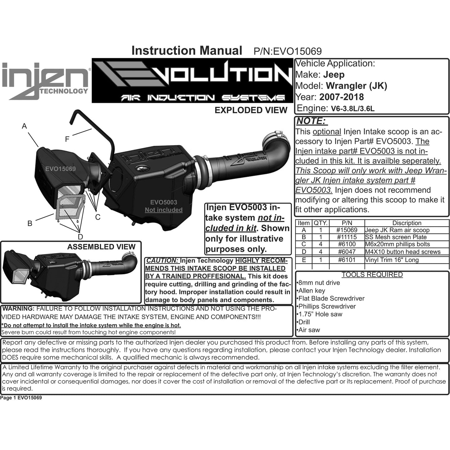 Injen 07-18 Jeep Wrangler (JK) 3.6L V6 Ram Air Scoop for Evolution Intake