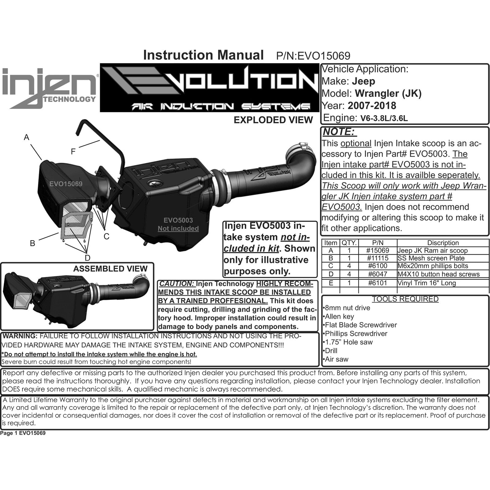 Injen 07-18 Jeep Wrangler (JK) 3.6L V6 Ram Air Scoop for Evolution Intake