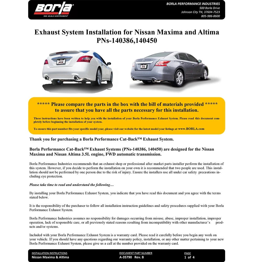 Borla 09-14 Nissan Maxima Sedan 4Dr 3.5L AT FWD SS Catback Exhaust