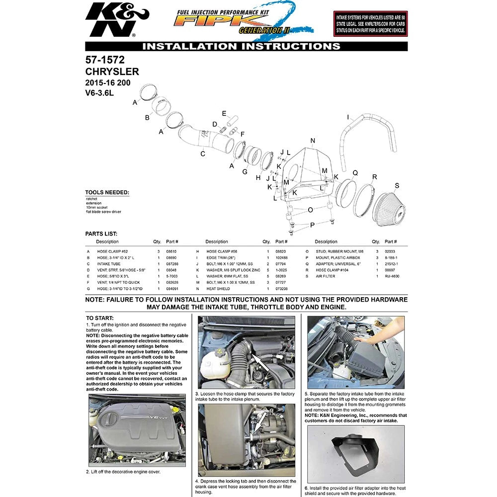 K&N 15-16 Chrysler 200 3.6L V6 Performance Intake Kit