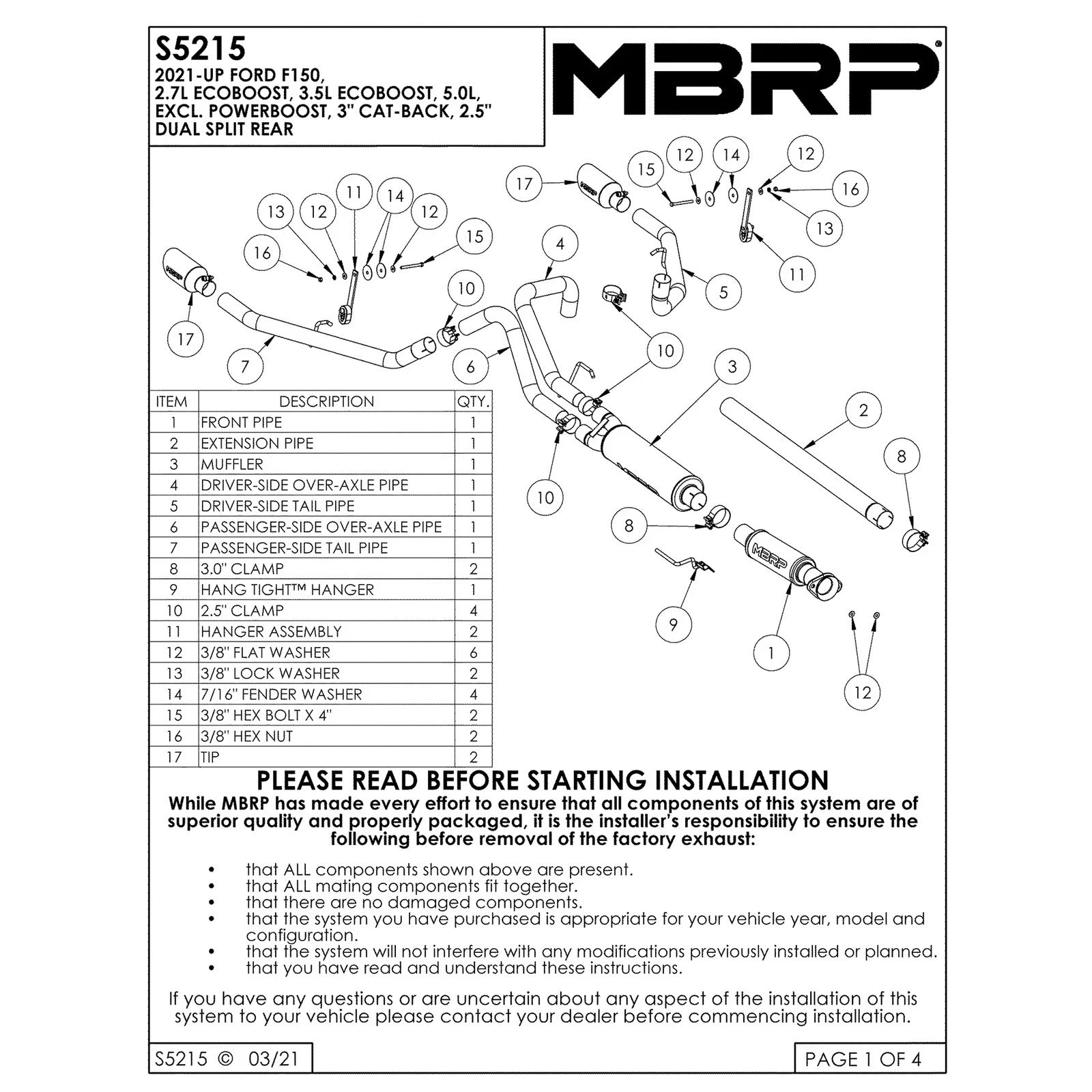 MBRP 2021+ F-150 2.7L/ 3.5L Ecoboost, 5.0L 3in Cat Back 2.5in Dual Split Rear - Black Coated