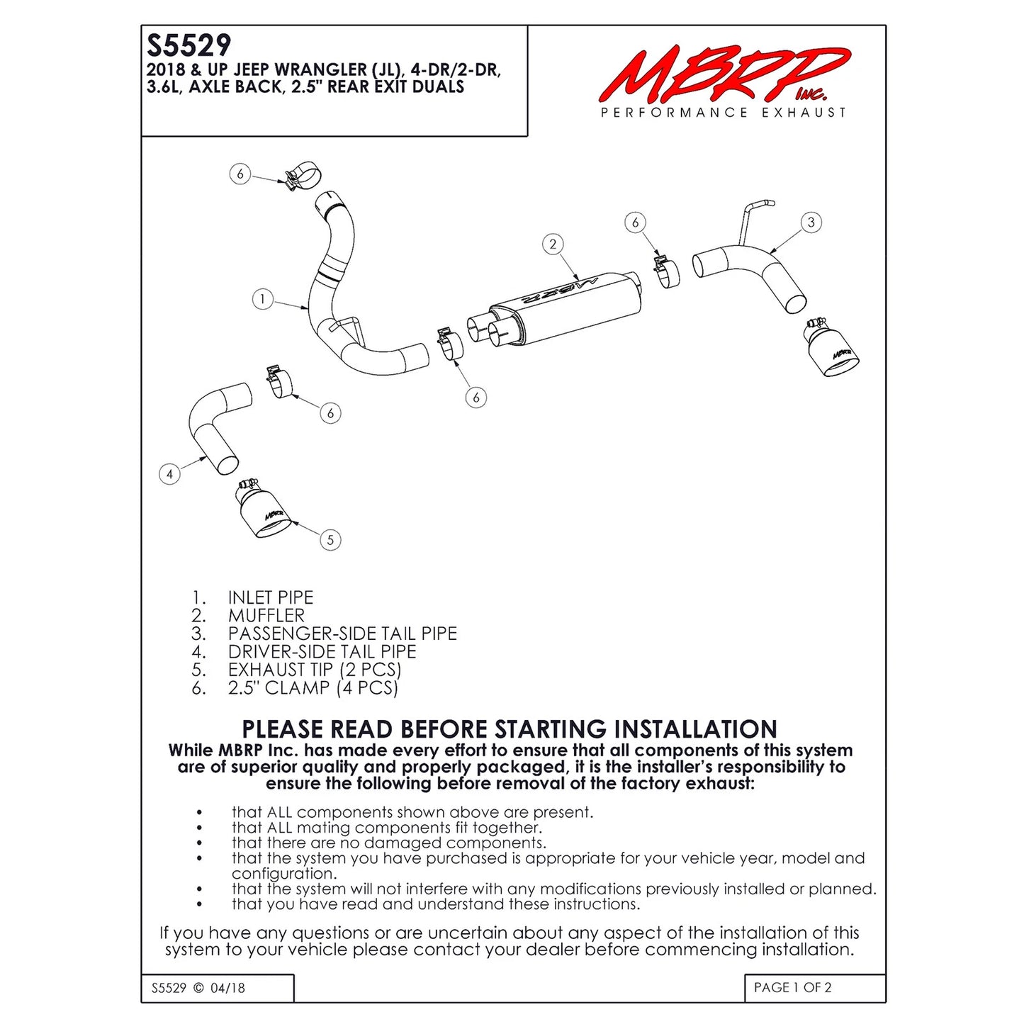 MBRP 2018+ Jeep Wrangler (JL) 3.6L V6 Dual Rear Exit Axle Back T409 Exhaust System