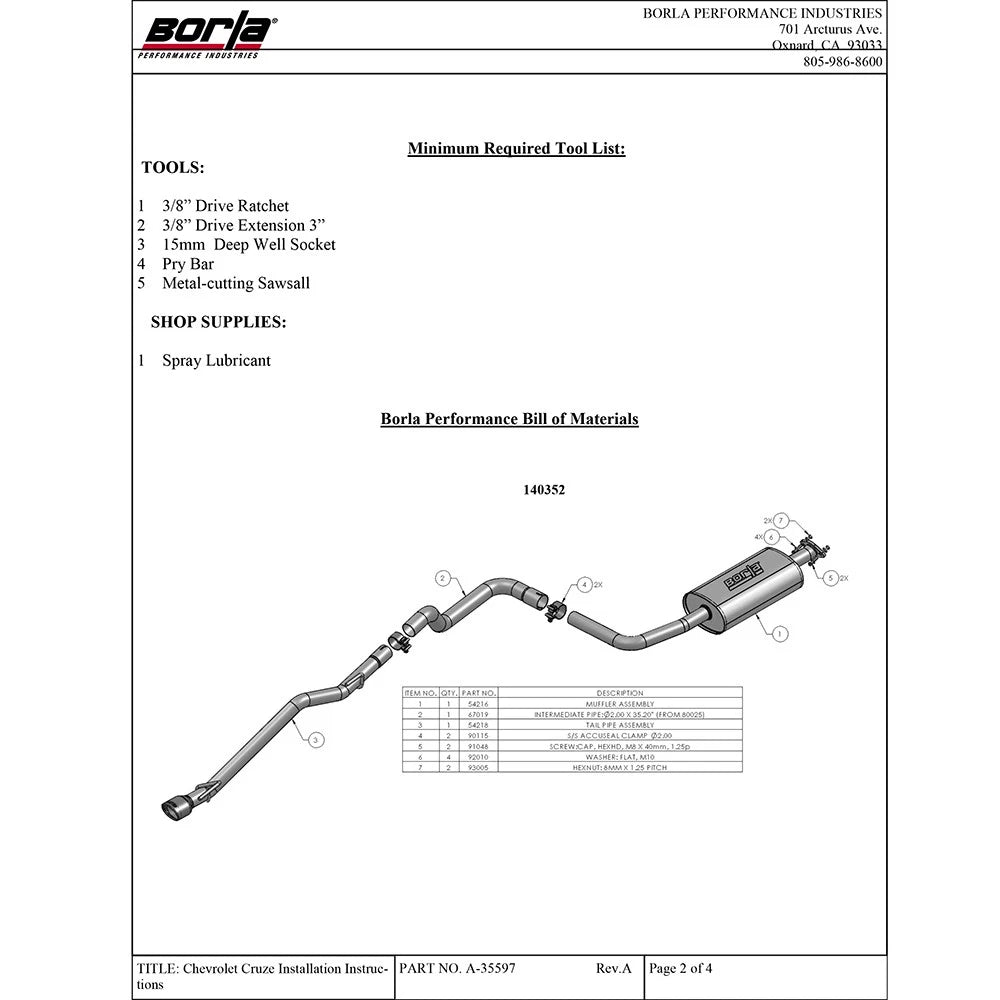 Borla 11-15 Chevrolet Cruze Eco/LS/LT/LTZ SS Catback Exhaust
