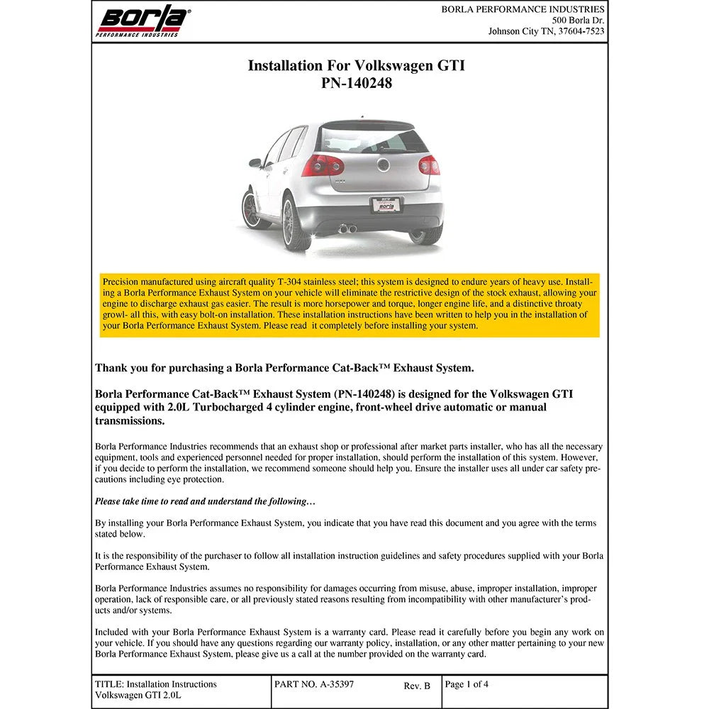 Borla 04-09 VW GTI Base SS Catback Exhaust