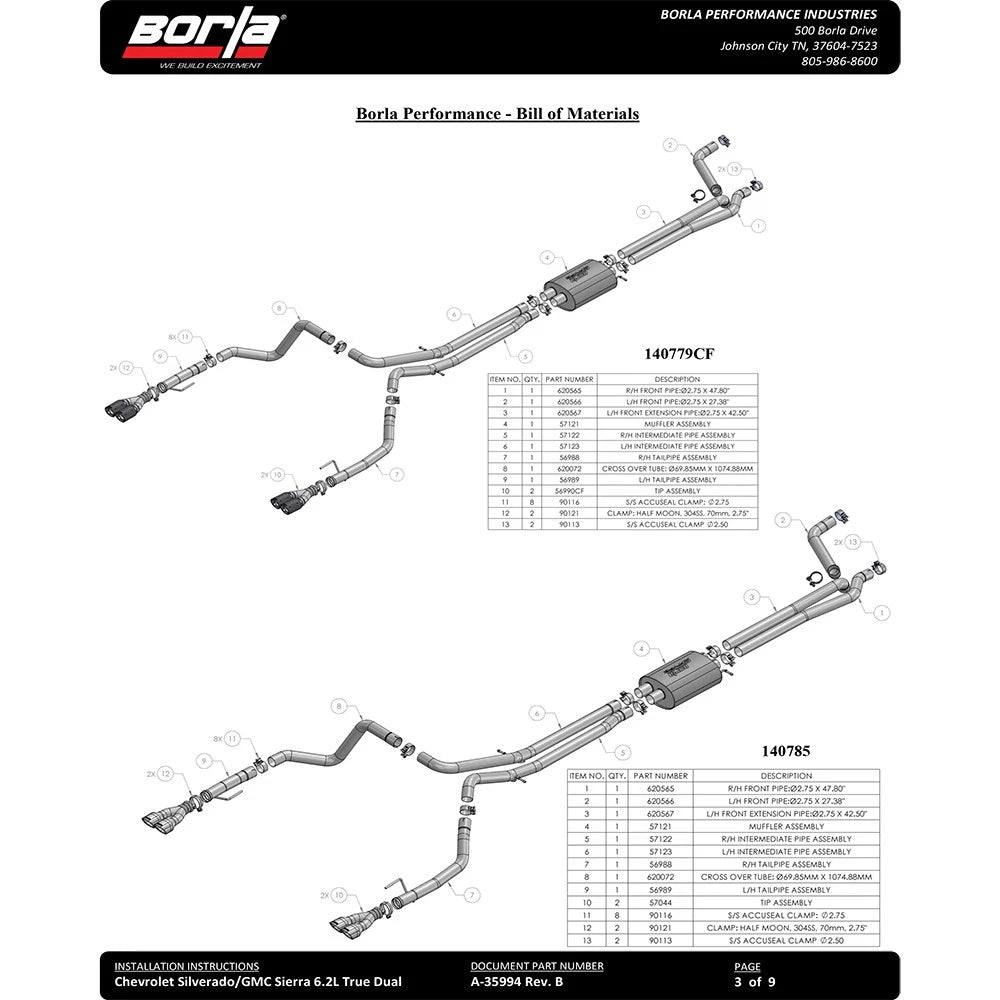 Borla 2019 Chevrolet Silverado / GMC Sierra 1500 S Type Catback Exhaust - 2.75in Pipe Diameter