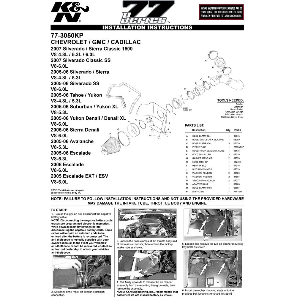 K&N 05 Chevy/GMC PickUp & SUV V8-4.8/5.3/6.0L High Flow Performance Kit