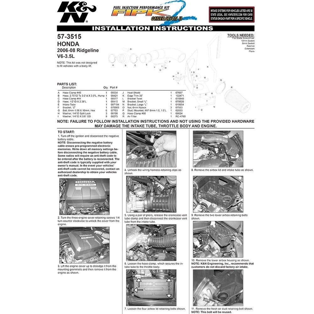 K&N 05-06 Honda Ridgeline V6-3.5L Performance Intake Kit