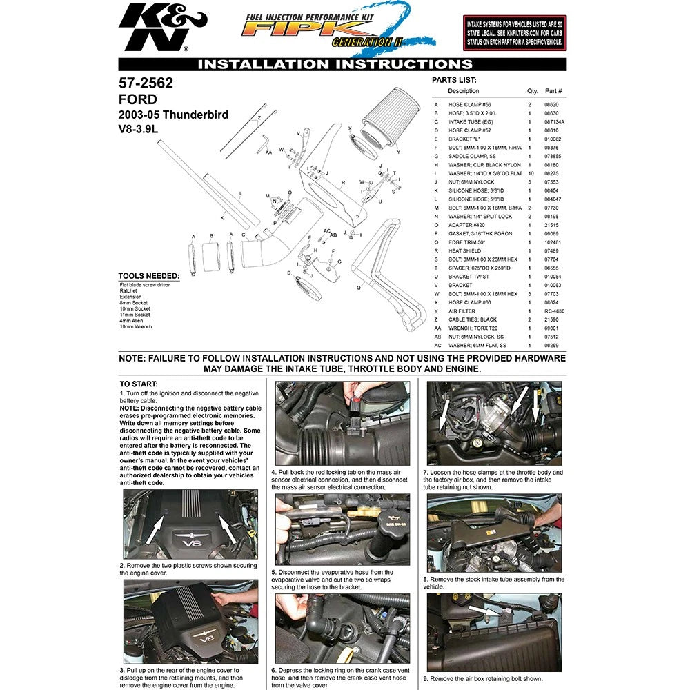 K&N 03-04 Ford Thunderbird V8-3.9L Performance Intake Kit