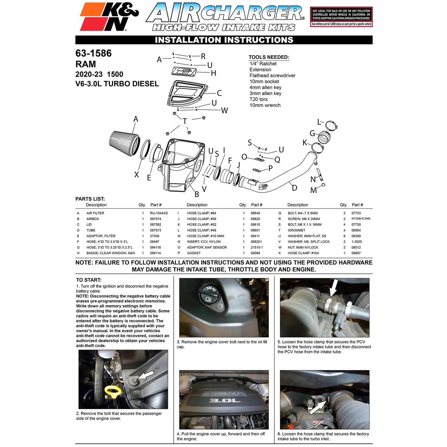 K&N 20-23 RAM 1500 V6 3.0L Diesel Performance Air Intake System