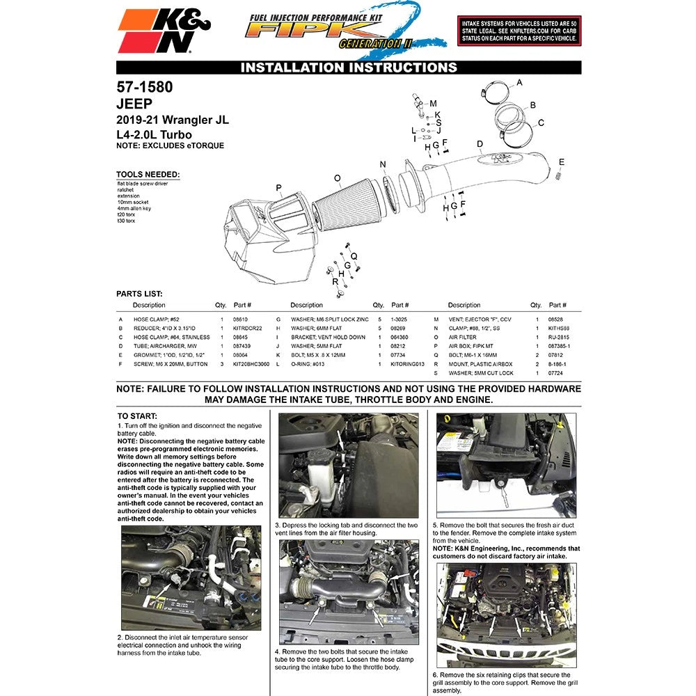 K&N 19-20 Jeep Wrangler JL 2.0L L4 F/I Turbo Performance Intake Kit