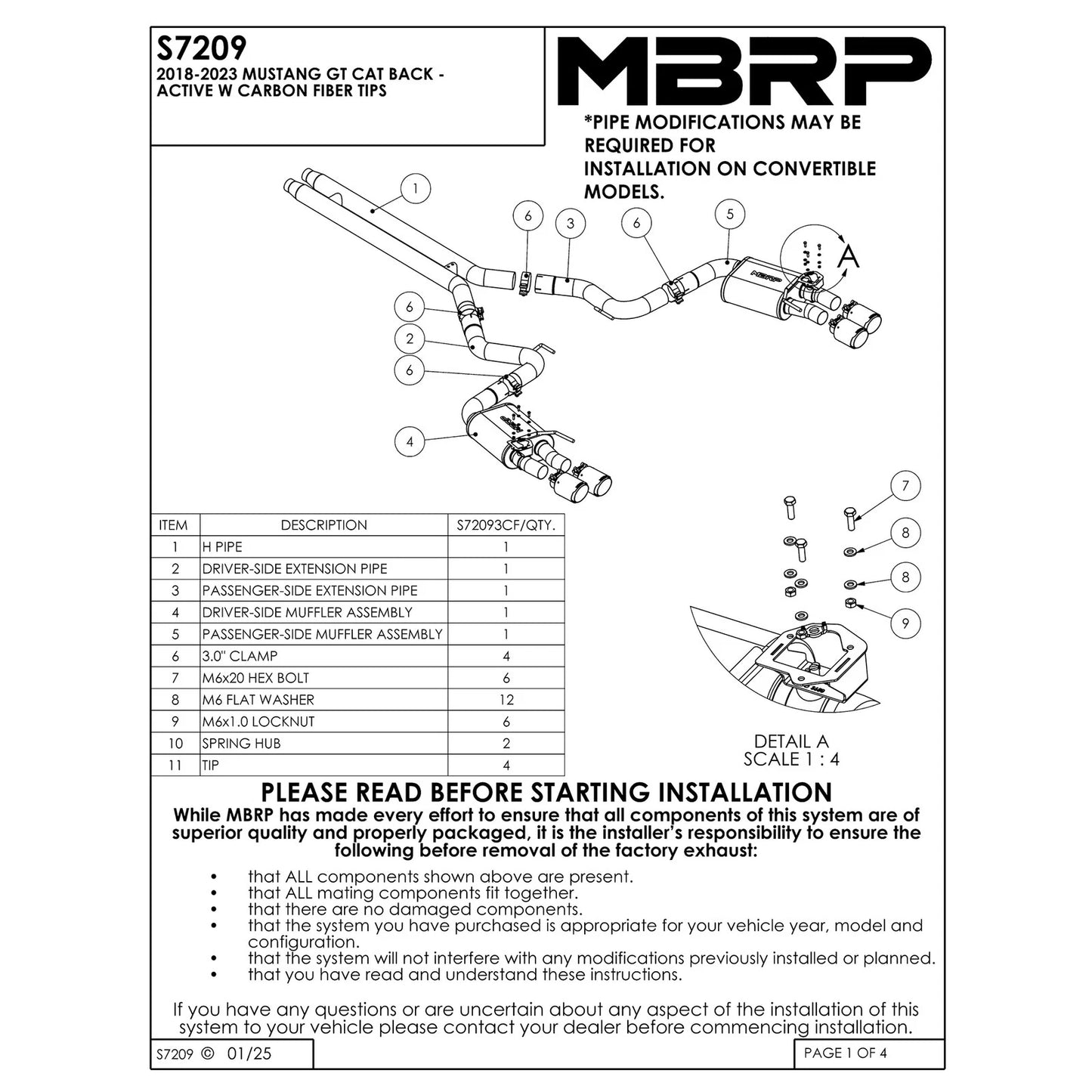 MBRP 18-20 Ford Mustang GT 5.0 w/ Quad Tip Active Exhaust Cat Back Split Rear T304 w/ Carb Fib Tips