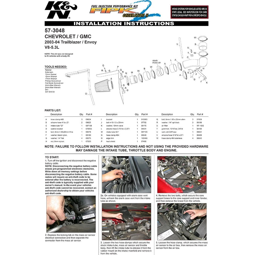 K&N 03-04 Chevrolet Trailblazer V8-5.3L / 03-04 GMC Envoy V8-5.3L Performance Intake Kit