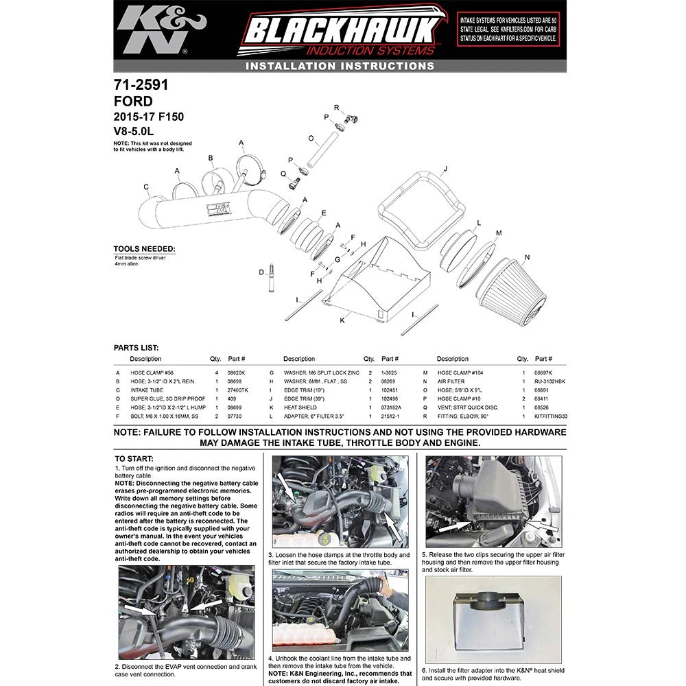 K&N 2015 Ford F150 5.0L V8 Blackhawk Performance Intake Kit