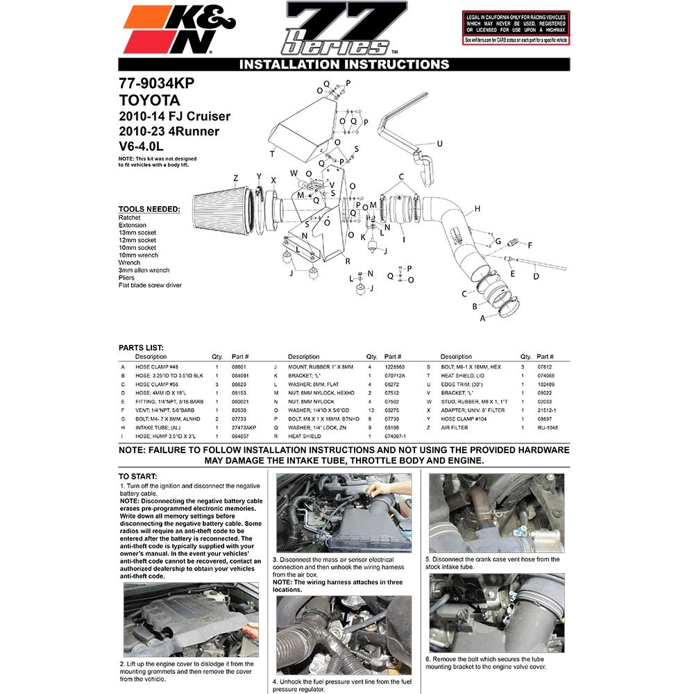 K&N 2010 Toyota FJ Cruiser 4.0L-V6 / 2010 4 Runner High Flow Performance Kit