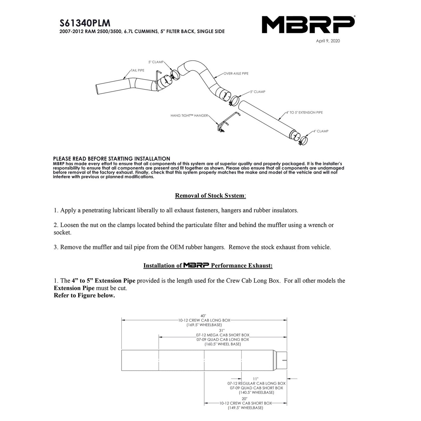 MBRP 2500/3500 Cummins 6.7L 5in Filter Back Single Side No Muffler AL
