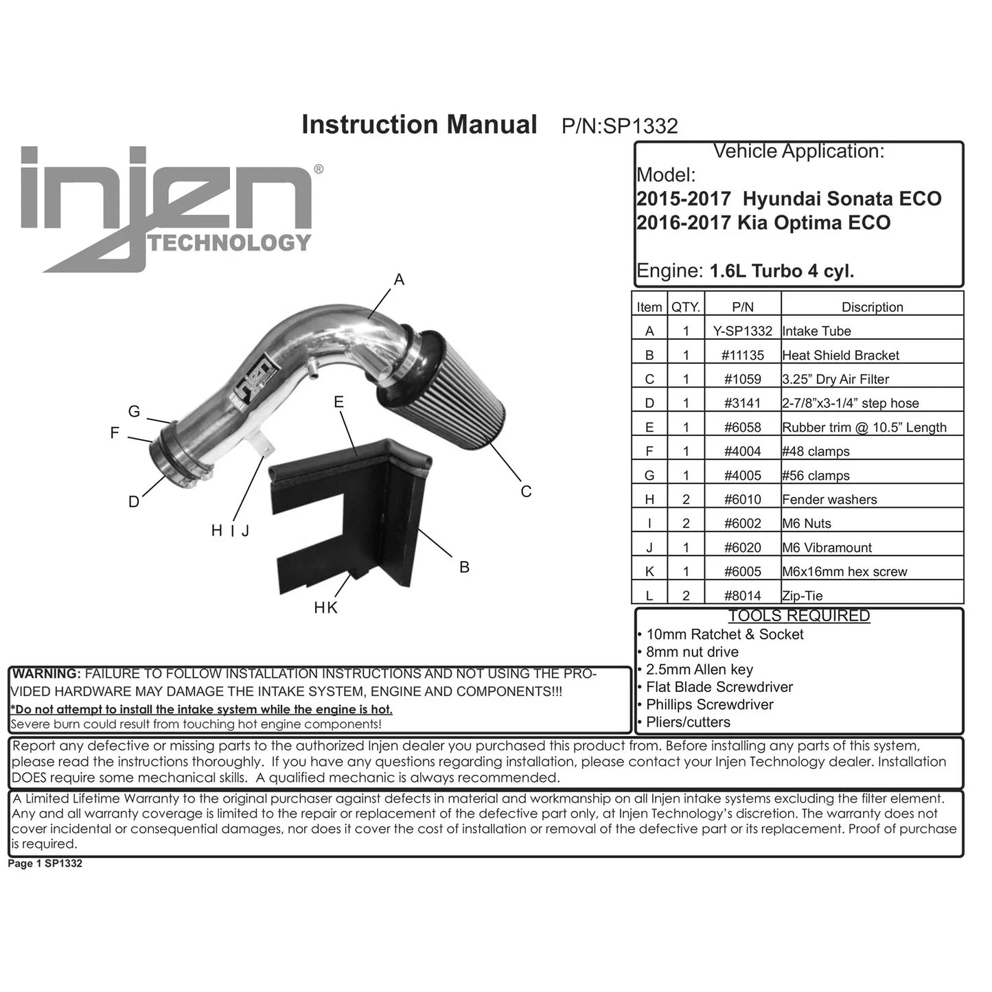 Injen 15-18 Hyundai Sonata 1.6L (t) Black Short Ram Intake w/ Heat Shield