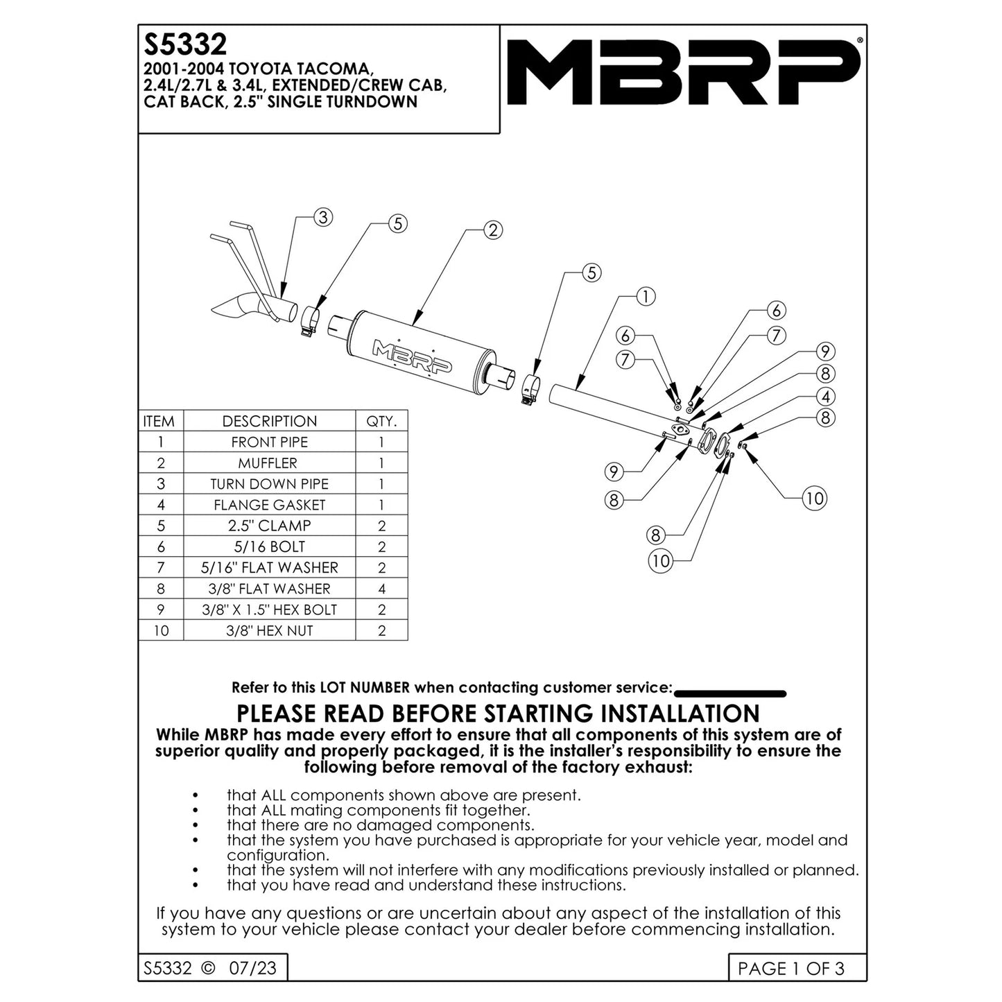 MBRP 01-05 Toyota Tacoma 2.4/2.7/3.4L 2.5in Cat Back Turn Down Style Alum Exhaust System